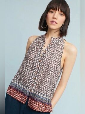 Anthropologie Maeve Prema Floral Tank Top Button Front Small Boho Geometric